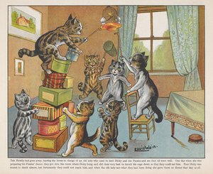 Koty bawiące się pudełkami w pokoju. autorstwa Louis Wain