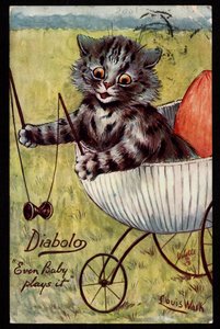 Diabolo. Nawet dziecko w to gra. Zwierzęta w ludzkiej postawie. Kotek bawi się z diabolo w kołysce. Pocztówka. Chromolithograph Louisa Waina (1860-1939), angielskiego artysty znanego z przedstawiania kotów o dużych oczach. Początek XX autorstwa Louis Wain