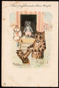 Korzystamy z dobrej pogody. Zwierzęta w ludzkiej postawie. Kąpiel morska dla kota na wakacjach. Pocztówka. Chromolithograph Louisa Waina (1860-1939), angielskiego artysty znanego z przedstawiania kotów o dużych oczach. Początek XX wieku. Kołnierz autorstwa Louis Wain