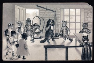 Korzystamy z dobrej pogody. Zwierzęta w ludzkiej postawie. Kot dżokej jest ważony na wadze. Pocztówka. Chromolithograph Louisa Waina (1860-1939), angielskiego artysty znanego z przedstawiania kotów o dużych oczach. Początek 20 autorstwa Louis Wain