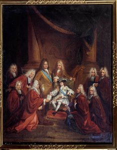 Król Ludwik XV (1710-1774) dziecko nadające miastu listy szlacheckie w 1716 r. Obraz Ludwika Boullogne Jeune (1654-1733) 1716 nd. 0,66x0,55 m Paryż, Muzeum Carnavalet