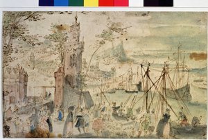 ""Widok na port"" Port holenderski. Akwarela i pióro Louisa de Caury (znanego jako Mistrz Księgi Szkiców Leningradu) (ok. 1580 – po 1621) Muzeum Puszkina XVII w., Moskwa, Rosja