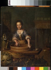 ""Kucharz"" (Kucharz) Młody kucharz w wiejskiej kuchni, przygotowujący kapustę. Obraz Louis de Moni (1698-1771) Muzeum Sztuk Pięknych Mikalojus Konstantinas Ciurlionis, Kowno, Litwa