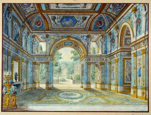 Portyk pałacu otwierający się na park. Grawerowanie Louisa De Saint Ange (1780-1831) autorstwa Louis de Saint-Ange Desmaisons