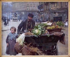 Kupiec czterech pór roku w Paryżu. Za nim Hotel du Louvre (1. dzielnica) Obraz Louisa Marie de Schryver (1862-1942), olej na płótnie