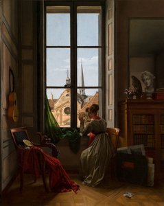 Wnętrze z młodą kobietą śledzącą kwiat, ok. 1820-22 (olej na płótnie) autorstwa Louise Adeone Droelling