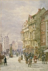 Widok na wschód wzdłuż Holborn z postaciami i pojazdami konnymi na ulicy, Londyn, 1875 autorstwa Louise Rayner