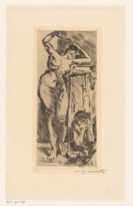 Akt kobiecy z wachlarzem w dłoni i przykucniętą postacią po prawej stronie autorstwa Lovis Corinth (signed by artist)