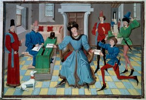 Przybycie miniaturowego posłańca z rękopisu „Renaud de Montauban” lub „Les quatre fils Aymon” Loyseta Liedeta (działającego w latach 1448-1478). Ms. 5073. XV-wieczna Bibliotheque de l