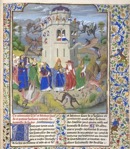 Twierdza Wiary Miniatura świętych Grzegorza, Augustyna, Hieronima i Ambrożego walczących z demonami, koniec XV w. autorstwa Loyset Liedet
