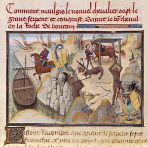 Ms 5072 fol.37v Maugis walczący z wężem i zdobywający zaczarowanego konia, Bayard, z cyklu Renaud de Montauban autorstwa Loyset Liedet