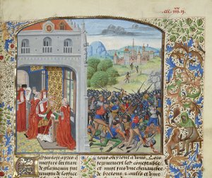 Koronacja papieża Grzegorza XI i bitwa pod Pontvallain, 1370, ok. 1470-1475. autorstwa Loyset Liedet
