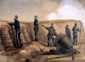 13-calowy moździerz Królewskiej Artylerii w akcji, 1855 (wc nad ołówkiem na papierze) autorstwa Lt. Henry James Alderson
