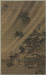 Wioska rzeczna podczas ulewy, ok. 1930 r. 1480-1507. autorstwa Lu Wenying