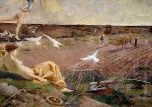 Fortuna alegoryczne przedstawienie obfitości i płodności. W tle chłop orze swoje pole. Szczegół. Malowanie marufle na tynku – Luc Olivier Merson (1846-1920) 1901 Ndz. 2,22x2,9 m Paryż, musee d
