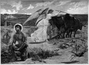 Św. Izydor, patron oraczy. Anioł pomaga św. Izydorowi zaorać pole pługiem. 19 wiek. Grawer wg obrazu Luca Oliviera Mersona (1846-1920). W „”The Illustrous World”” nr 1294 z 21 stycznia