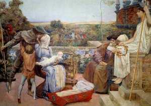 Rodzina Bogata rodzina w średniowieczu, matka trzyma niemowlę w ramionach i całuje męża. Dekoracja z Hotelu Watel-Dehaynin w Paryżu. Malowanie marufle na tynku – Luc Olivier Merson (1846-1920) 1901 Ndz. 2,22x2,95 m Paryż, mus