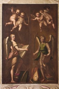 Genua, Duomo (katedra św. Wawrzyńca), zakrystia, kaplica: „Anioły z insygniami biskupimi, księgami i gałązkami palmowymi”, Luca Cambiaso, ok. 1580 autorstwa Luca Cambiaso