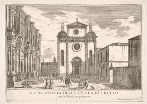 Ilustracja 38: Widok fasady kościoła św. Rocha i po lewej fasady Szkoły, 1703. autorstwa Luca Carlevarijs
