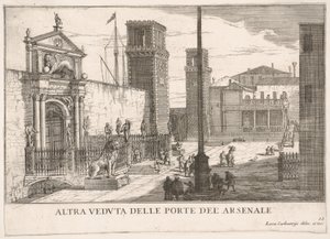 Ilustracja 63: Widok bramy kompleksu stoczniowo-zbrojowniowego Arsenale, Wenecja, 1703, fr..., 1703. autorstwa Luca Carlevarijs