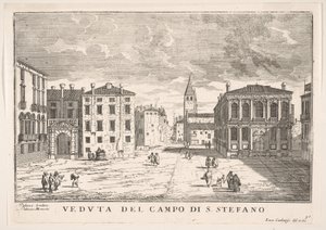 Ilustracja 95: Widok Campo Santo Stefano z Pałacem Loredańskim i Pałacem Morosini, Wenecja..., 1703. autorstwa Luca Carlevarijs