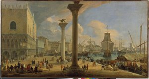Molo i Pałac Książęcy (Wenecja, Włochy) - Obraz Luca Carlevarisa (1663-1730), olej na płótnie, około 1710, 64x121 cm - Molo z Pałacem Książęcym, Olej na płótnie autorstwa Luca Carlevarisa - Państwowy Ermitaż, Św. -Petersburg