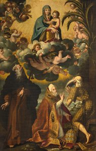 Ołtarz św. Antoniego, Madonny z Dzieciątkiem ze świętymi Antoniego Opata Pawła Pustelnika i papieża Grzegorza XIV, Łukasza Cattapane 1593 autorstwa Luca Cattapane