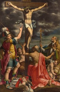 Ołtarz San Fermo, Ukrzyżowanie ze świętymi Fermo Hieronima i papieżem Grzegorzem XIV, Luca Cattapane 1593 autorstwa Luca Cattapane