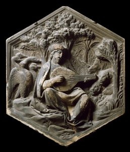 Alegoria muzyki jako Orphee Leśne zwierzęta słuchają Orphee grającego na lutni. Płaskorzeźba Luca della Robbia autorstwa Luca Della Robbia