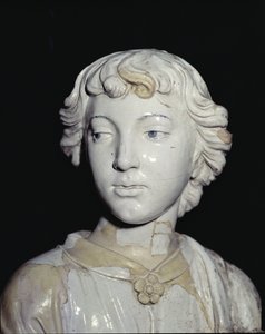 Anioł trzymający świecę, detal z ceramiki glazurowanej na głowie szczegóły patrz 97637 para patrz 97635-6 autorstwa Luca Della Robbia