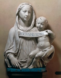 مقدس ورجن د ماشوم ژغورونکي سره سکرولپولي په غاړه لري autorstwa Luca Della Robbia