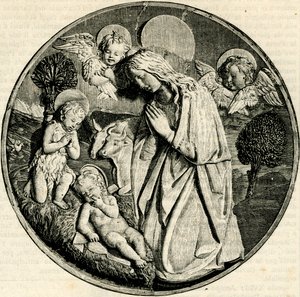 Madonna w adoracji Dzieciątka z Dzieciątkiem Św. Jan Chrzciciel i cherubiny, Luca della Robbia (1399/1400-1482), Prato, Toskania, Włochy, drzeworyt z Le cento citta d