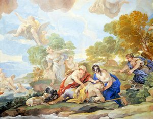 Śmierć Adonisa, detal cyklu fresków w Sali Lustrzanej autorstwa Luca Giordano (1634-1705), fresk, Palazzo Medici Riccardi, Florencja autorstwa Luca Giordano