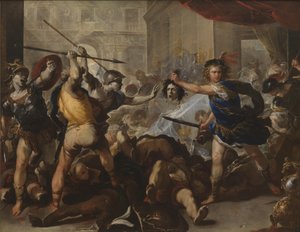 Perseusz zamienia Fineasza i jego zwolenników w kamień, początek lat 80. XVII wieku autorstwa Luca Giordano