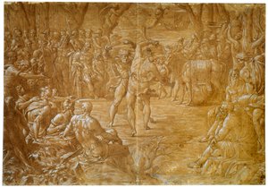 Walka między Entellusem z Sycylii i Dares of Troy, c1544 autorstwa Luca Penni