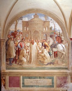 Benedykt wysyła Maura do Francji i Placyda na Sycylię (Benedykt wysyła Maura do Francji i Placyda na Sycylię) Fresk klasztoru wykonany przez Lukę Signorelli opowiadający o życiu św. Benedykta z Nursji (480 - 567) założyciela Zakonu Benedyktynów 1497- autorstwa Luca Signorelli