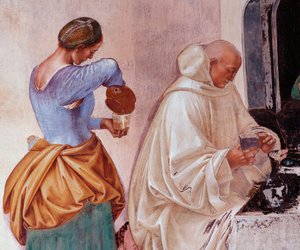 Benedykt powiedział mnichom, gdzie i kiedy jedli poza klasztorem Szczegół Fresk w krużganku wykonany przez Luca Signorelli (ok. 1445-1523) opowiadający o życiu św. Benedykta z Nursji (480 - 567) założyciela Zakonu Benedyktynów 1497-1498 Opactwo Monte Ol autorstwa Luca Signorelli