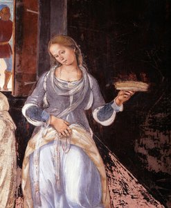 Benedykt powiedział mnichom, gdzie i kiedy jedli poza klasztorem Szczegół Fresk w krużganku wykonany przez Luca Signorelli (1445 ca-1523) opowiadający o życiu św. Benedykta z Nursie (480 - 567) założyciela Zakonu Benedyktynów 1497-1498 Opactwo Monte Oli autorstwa Luca Signorelli