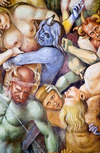 Przeklęty w piekle, detal z autoportretem Luki Signorelli w przebraniu niebieskiego demona, z cyklu fresk Sąd Ostateczny autorstwa Luca Signorelli