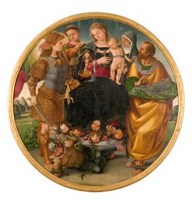 Madonna z Dzieciątkiem między świętymi Tondo Signorelli, 1510-1515. autorstwa Luca Signorelli