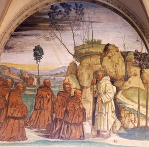 Historie św. Benedykta, freski Luca Signorelli (ok. 1445-1523) w krużganku św. Benedykta na Monte Oliveto, Siena, fragment autorstwa Luca Signorelli