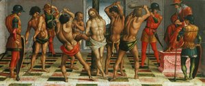 Biczowanie Chrystusa Lamentacja nad martwym Chrystusem, panel Predella, 1502. autorstwa Luca Signorelli