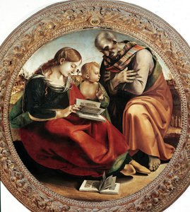 Święta Rodzina. Obraz Luca Signorelli (1450-1523), ok. 1495. Tondo. Olej na płótnie. Średnica: 124 cm. Florencja, Galeria Uffizi (Florencja, Muzeum Uffizi) autorstwa Luca Signorelli