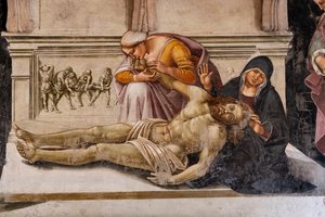 Wnętrze, Kaplica Nova lub Kaplica Św. Brizio, Kaplica Świętych Ciał: „Lamentacja nad zmarłym Chrystusem” między dwoma świętymi z Orvieto (S. Parenzo po prawej i S. Faustino po lewej), Luca Signorelli autorstwa Luca Signorelli