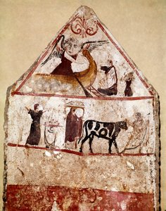 Byk prowadzi na ołtarzu fresk ofiarny Lucan z IV wieku pne, z nekropolii Andriuolo w Paestum we Włoszech. Narodowe Muzeum Archeologiczne, Paestum