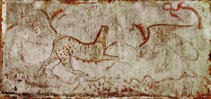 Walka między panterą a gryfowym freskiem Lucanian z IV wieku p.n.e., z grobowca Jeźdźca, nekropolia Paestum we Włoszech. Narodowe Muzeum Archeologiczne, Paestum