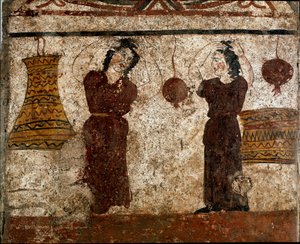 Grupa tancerzy podczas obrzędu pogrzebowego Lucanian fresk z IV wieku pne z nekropolii Paestum we Włoszech. Narodowe Muzeum Archeologiczne, Paestum