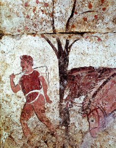 Chłop ciągnący dwa konie fresk Lucanian z IV wieku p.n.e. z nekropolii Paestum we Włoszech. Narodowe Muzeum Archeologiczne, Paestum