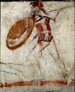 Wojownik z włócznią i tarczą fresk Lucanian z IV wieku p.n.e., z grobowca jeźdźca, miejsce Paestum we Włoszech. Narodowe Muzeum Archeologiczne, Paestum