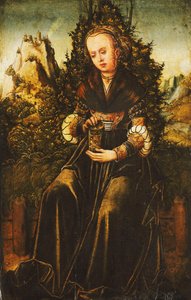 Święta Maria Magdalena siedząca na trawiastym skraju w górzystym krajobrazie, autorstwa Lucas Cranach